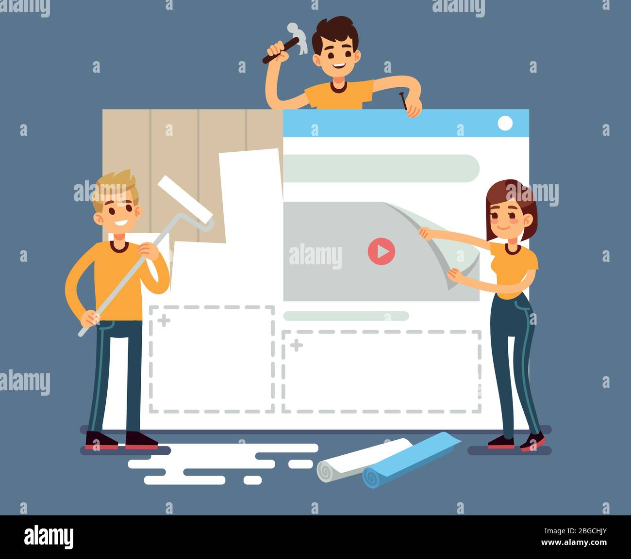 Website development with developers creating content. Web construction vector concept. Illustration of interface development project, web page content Stock Vector