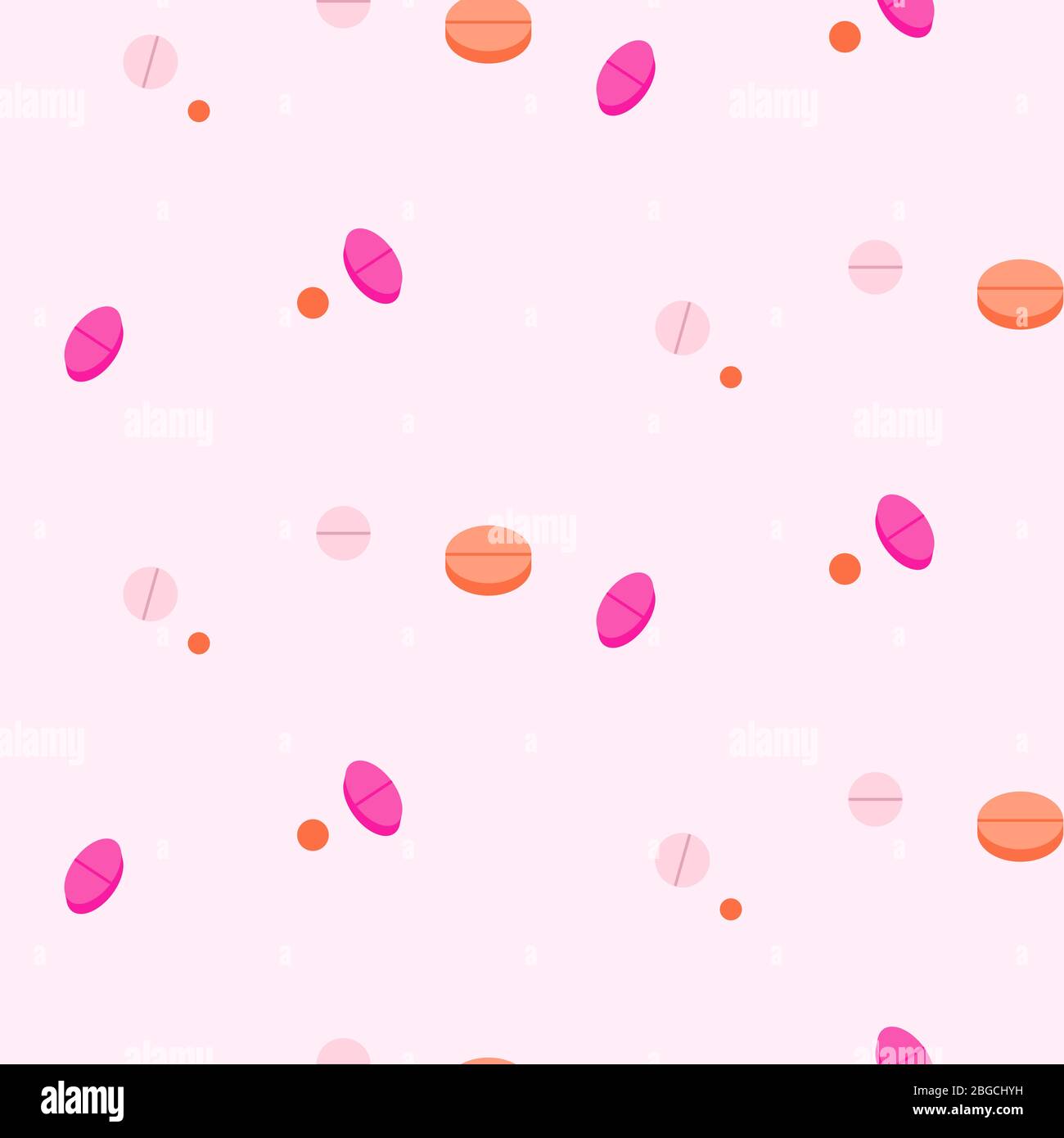 Tablet pill seamless vector pattern. Flat style pink colors. Stock Vector