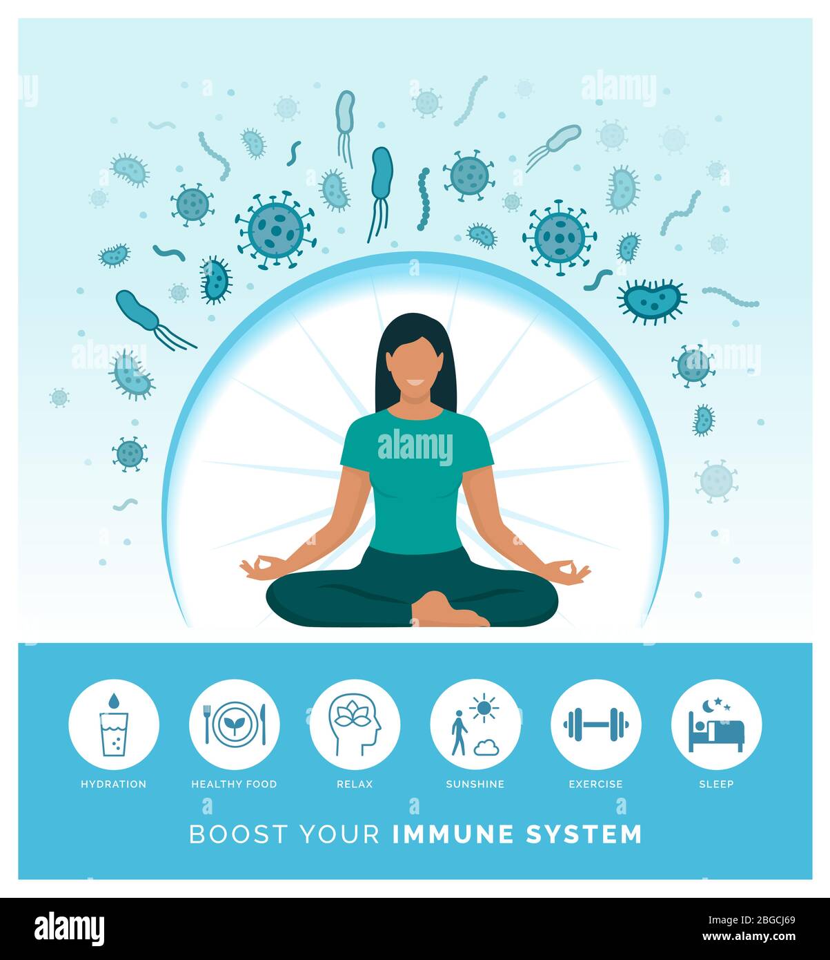 Woman boosting her immune system naturally and defeating viruses, she is following a healthy lifestyle and practicing meditation Stock Vector