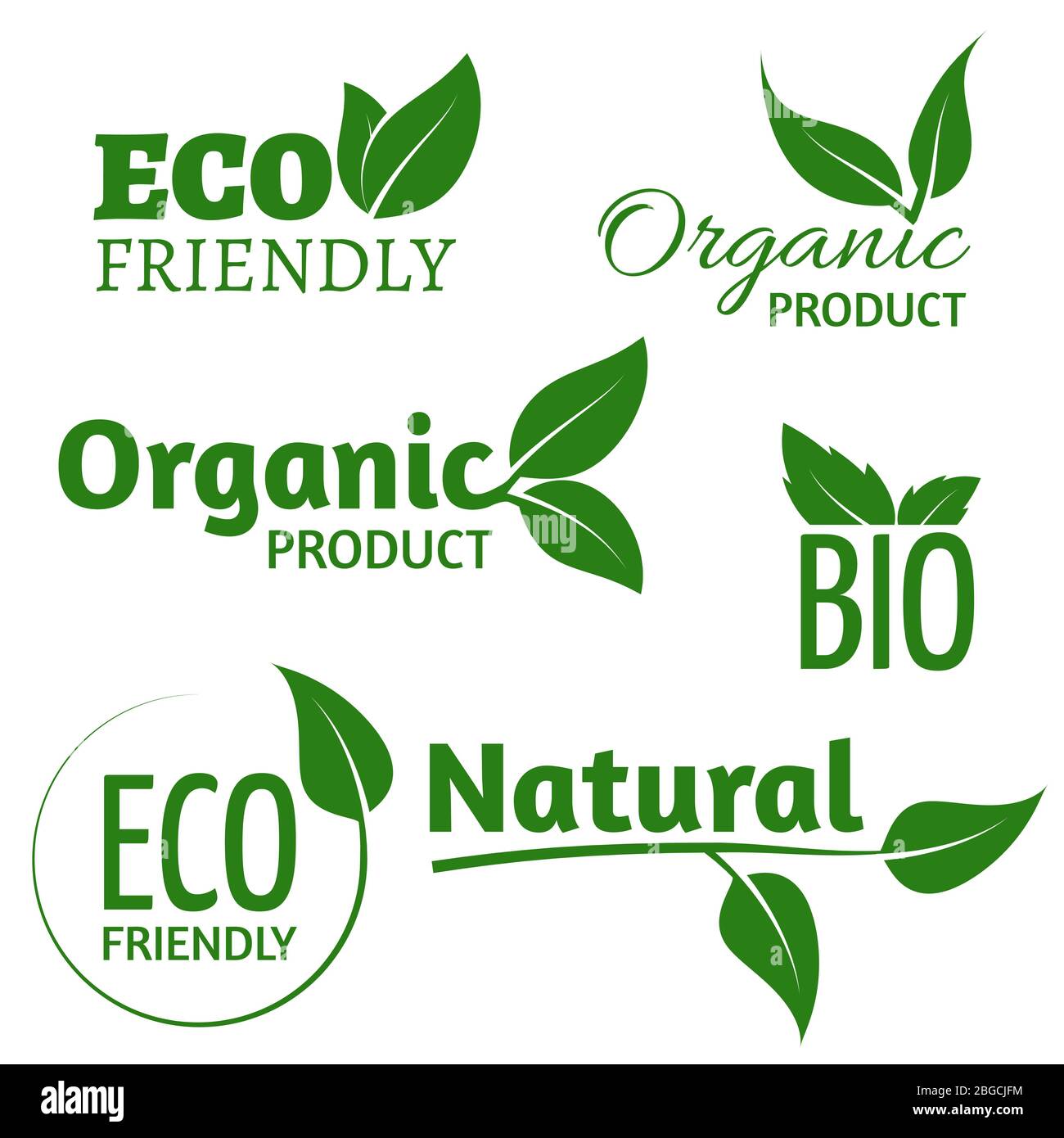 Organic eco vector logos with green leaves. Bio friendly products labels with leaf. Organic natural, bio and eco green label illustration Stock Vector