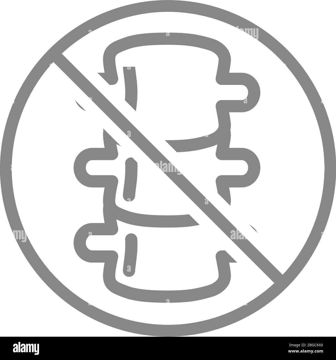 Forbidden sign with a spine line icon. Amputation internal organ, no backbone, transplant rejection symbol Stock Vector