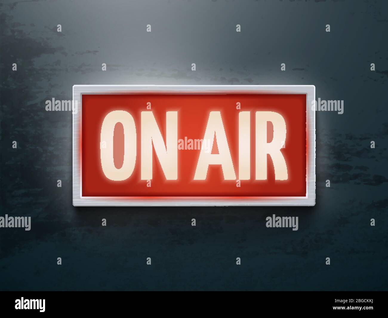Broadcast studio on air light vector sign on wall. Illustrration on-air sign, broadcast media sound, radio and television record Stock Vector