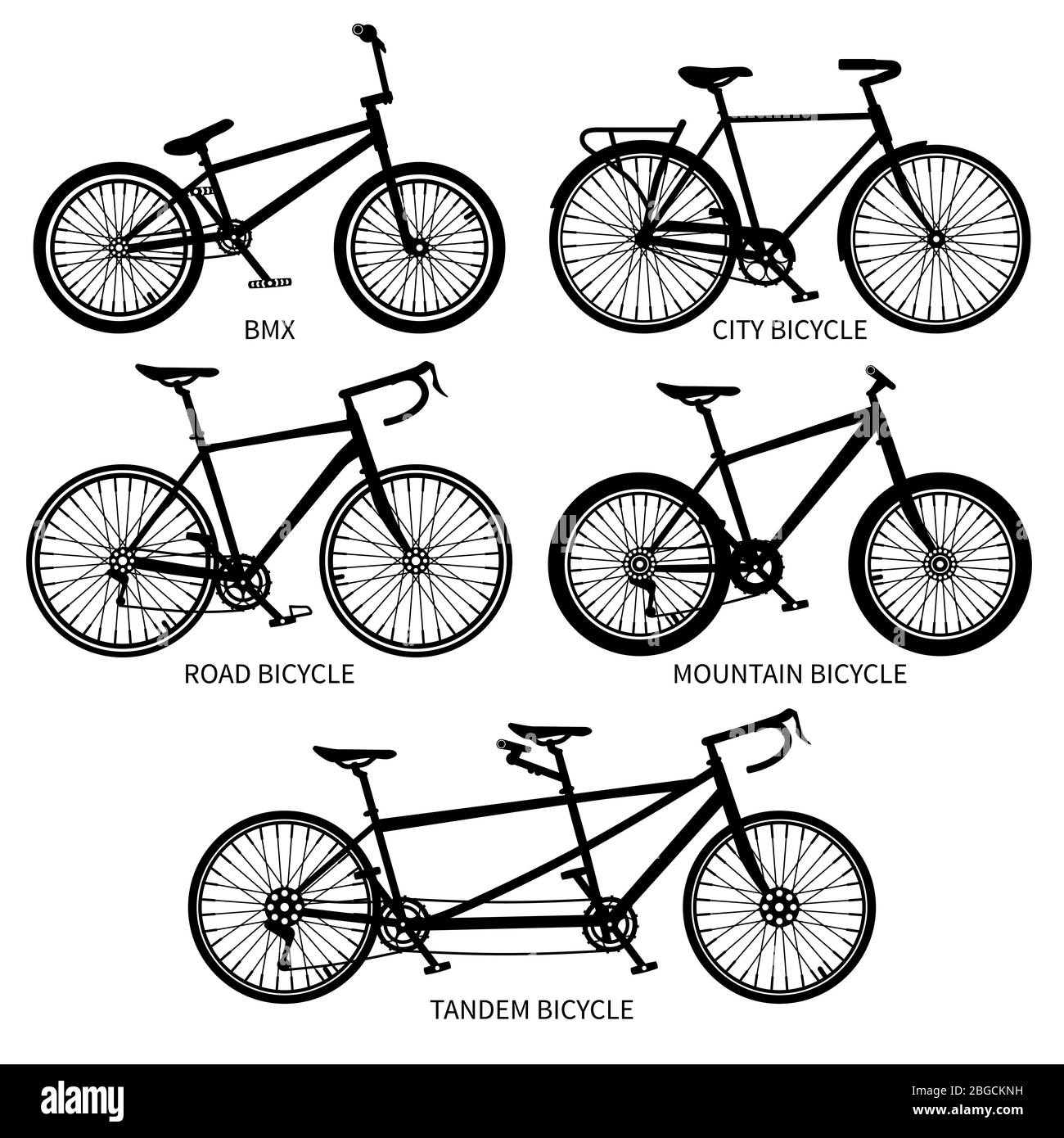 Bike types vector black silhouettes. Road, mountain, tandem bicycles isolated. Set of bicycle vintage, sport transport with pedal illustration Stock Vector