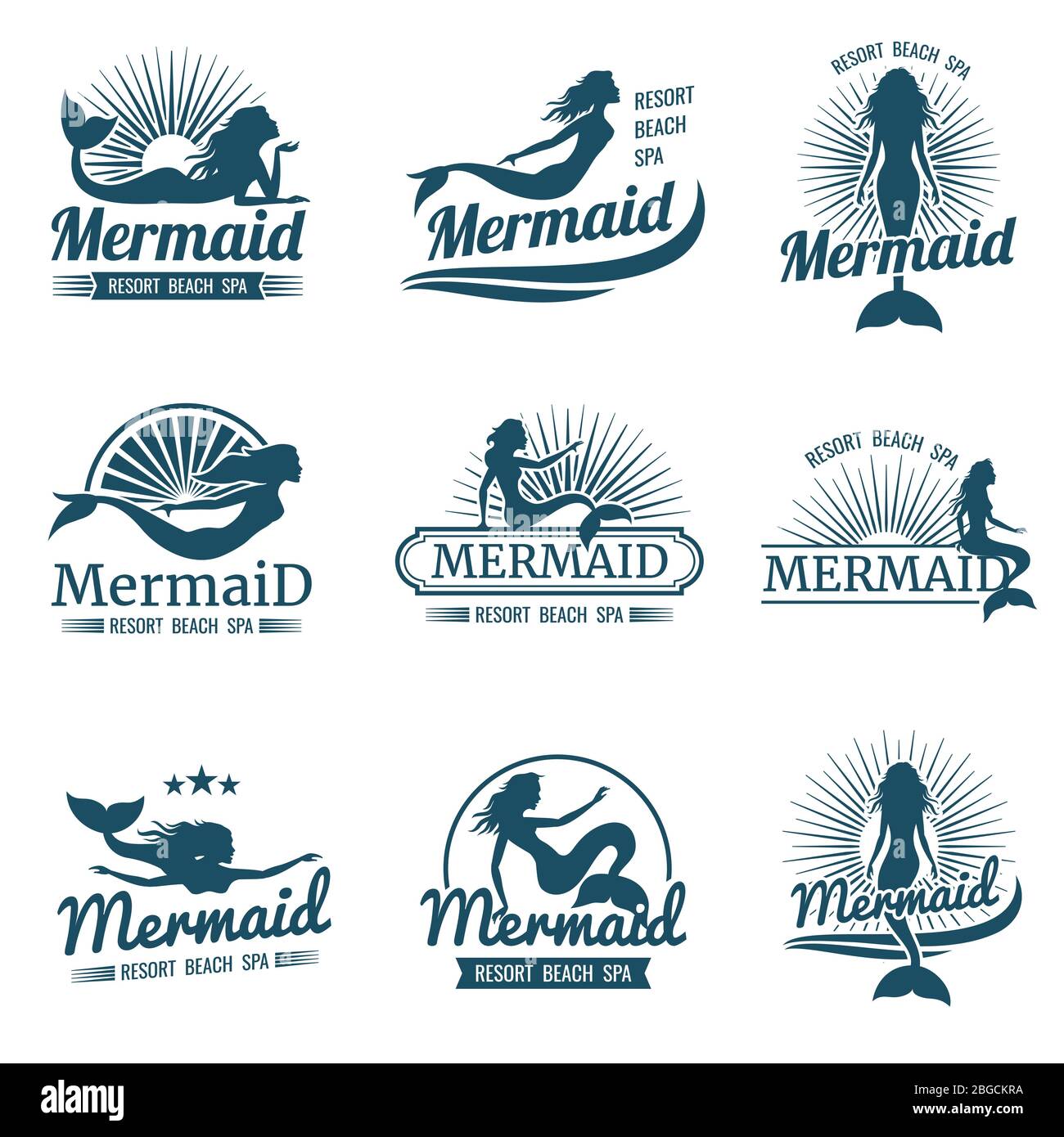 Mermaid silhouette stylized vector logos collection. Mermaid with tail swimming illustration Stock Vector