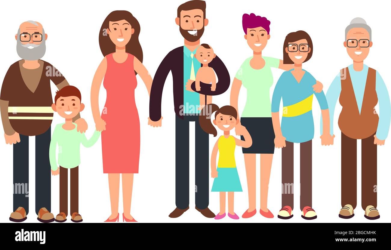 Cartoon smiling happy family. Grandpa and grandma, dady, mom and children vector illustration. Family father and mother, child girl boy Stock Vector