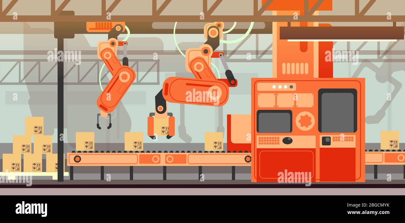 Abstract marketing vector concept with manufacturing assembly production line conveyor belt. Industrial production line process, management and automation assembly illustration Stock Vector