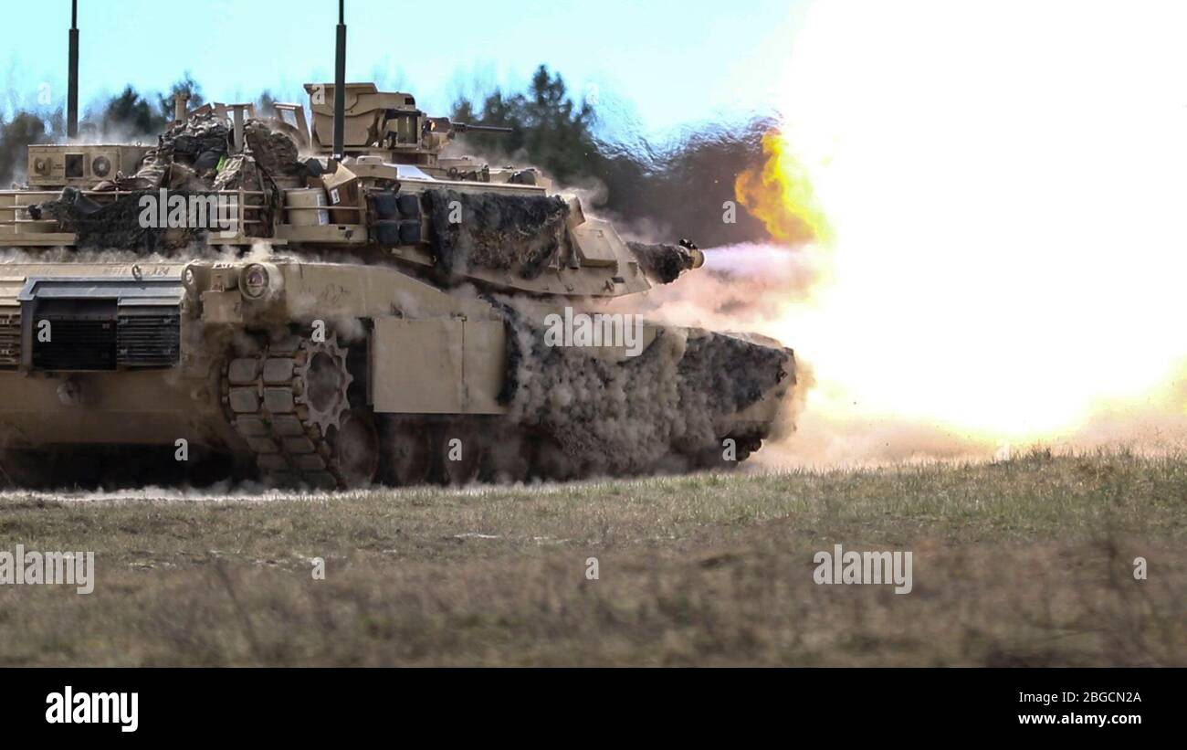 Spartan Soldiers of 2nd Battalion, 69th Armor Regiment, 2nd Armored Brigade Combat Team, 3rd Infantry Division, conduct Gunnery Table VI at Konotop Range, Drawsko-Pomorskie Training Area, Poland April 18, 2020. (U.S. Army photo by Staff Sgt. Brian K. Ragin Jr.) Stock Photo