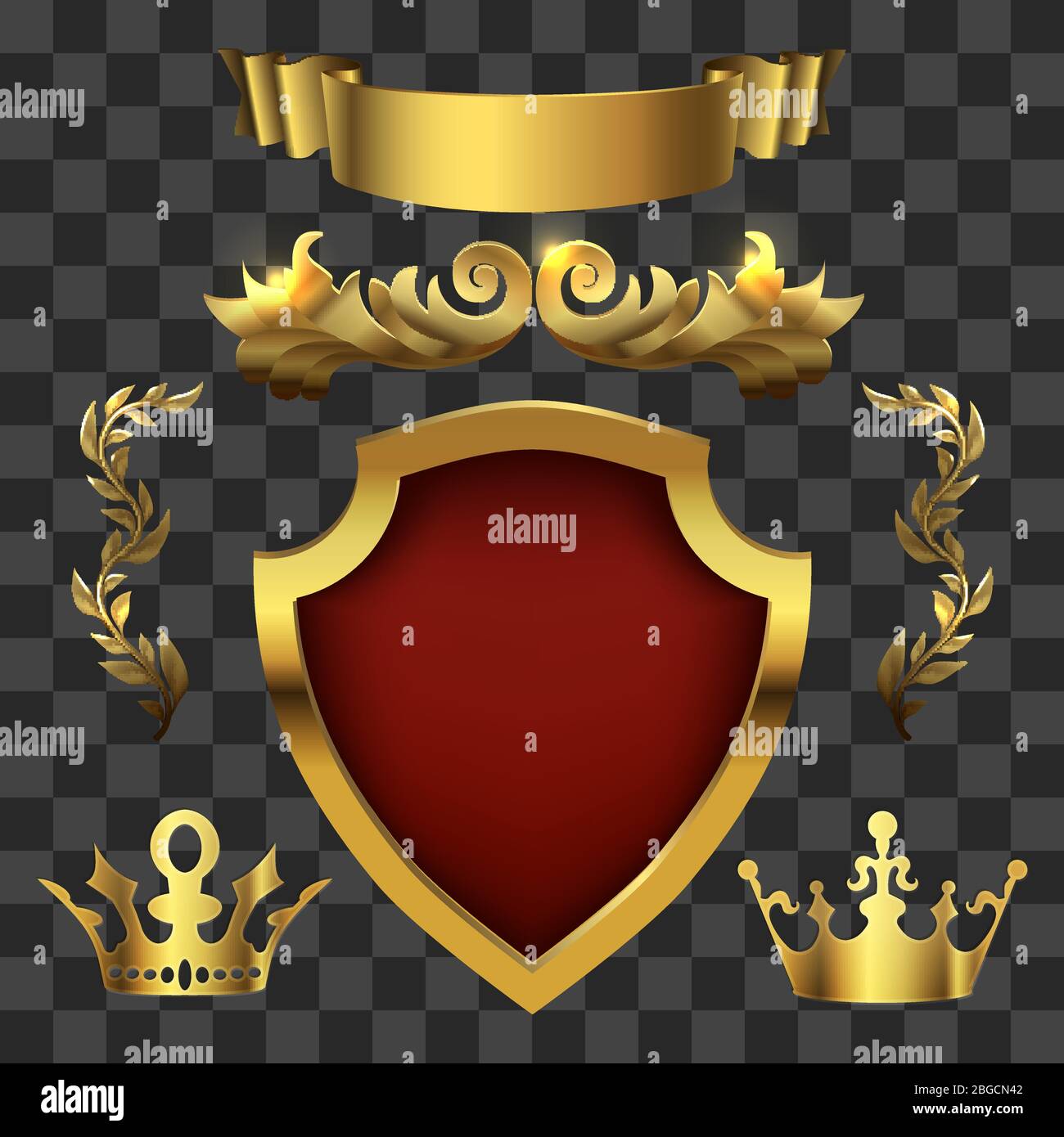 Golden heraldic elements. Kings crowns, banners isolated on transparent background. Vector illustration Stock Vector