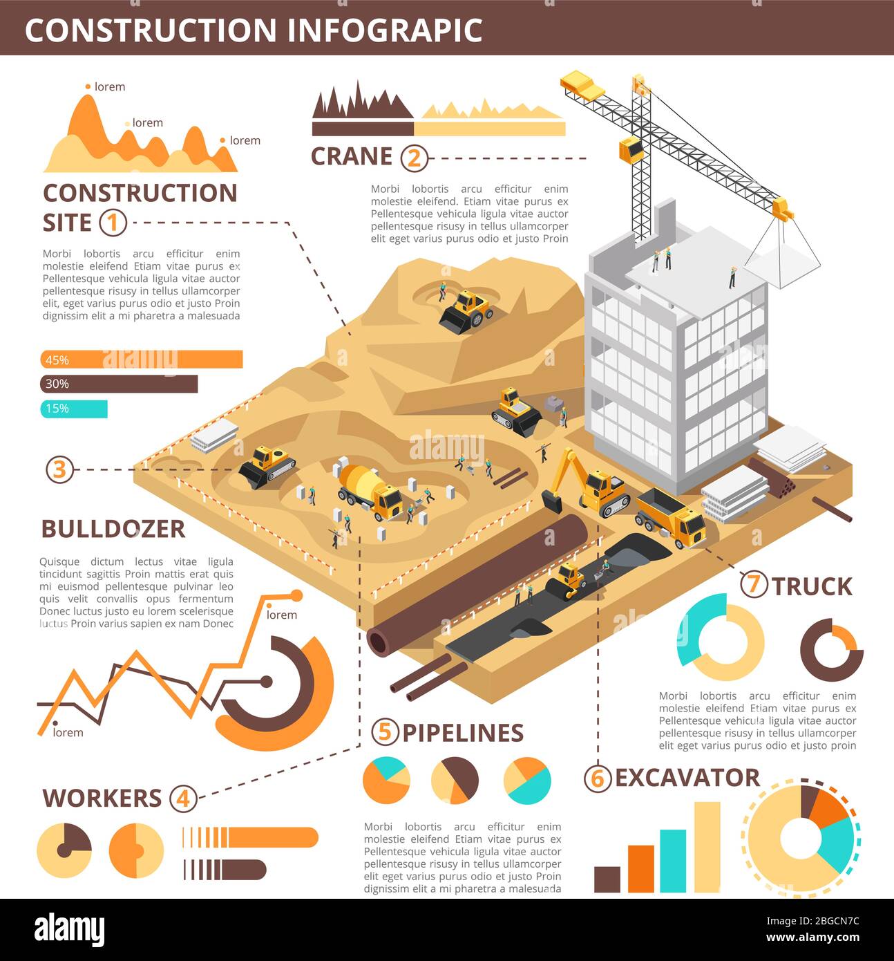Building construction 3d isometric vector industrial infographic. Construction isometric infographic industry building site illustration Stock Vector