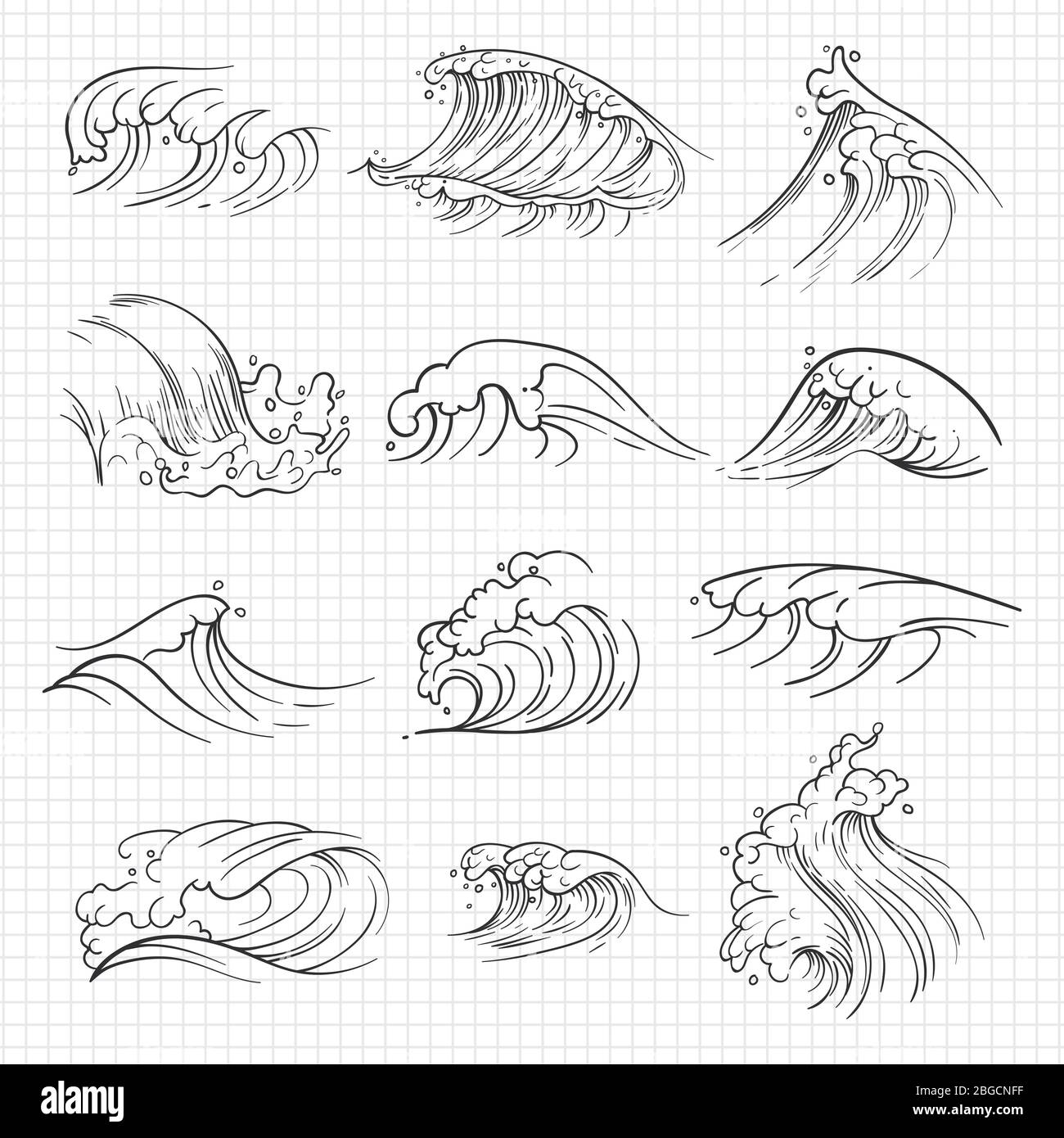 Sketch of expressive ocean waves on notebook page. Vector illustration Stock Vector