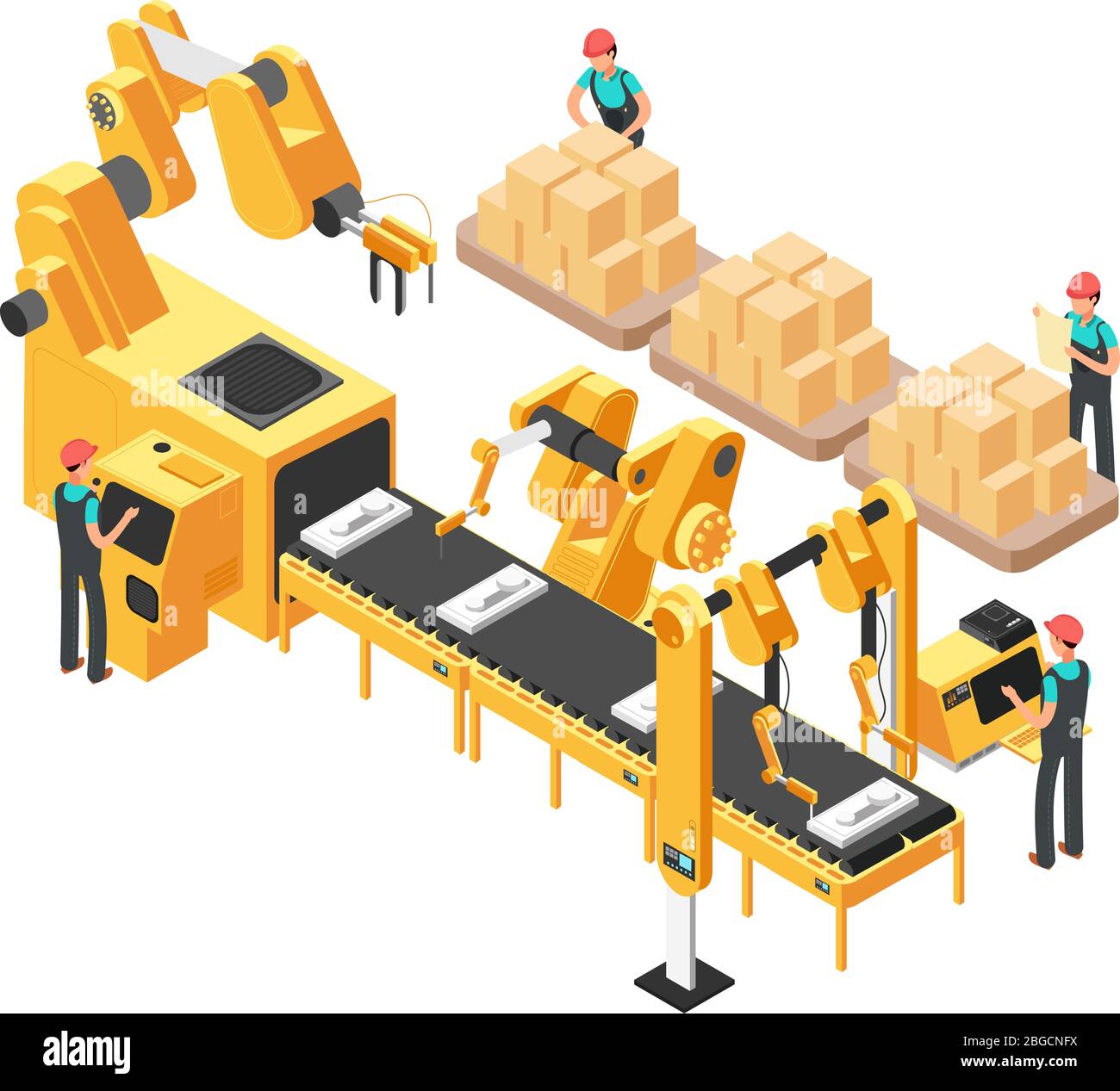Isometric electronic factory with conveyor assembly line, operators and robots. 3d vector illustration. Production isometric line with operator, assembly mechanical and electronic illustration Stock Vector
