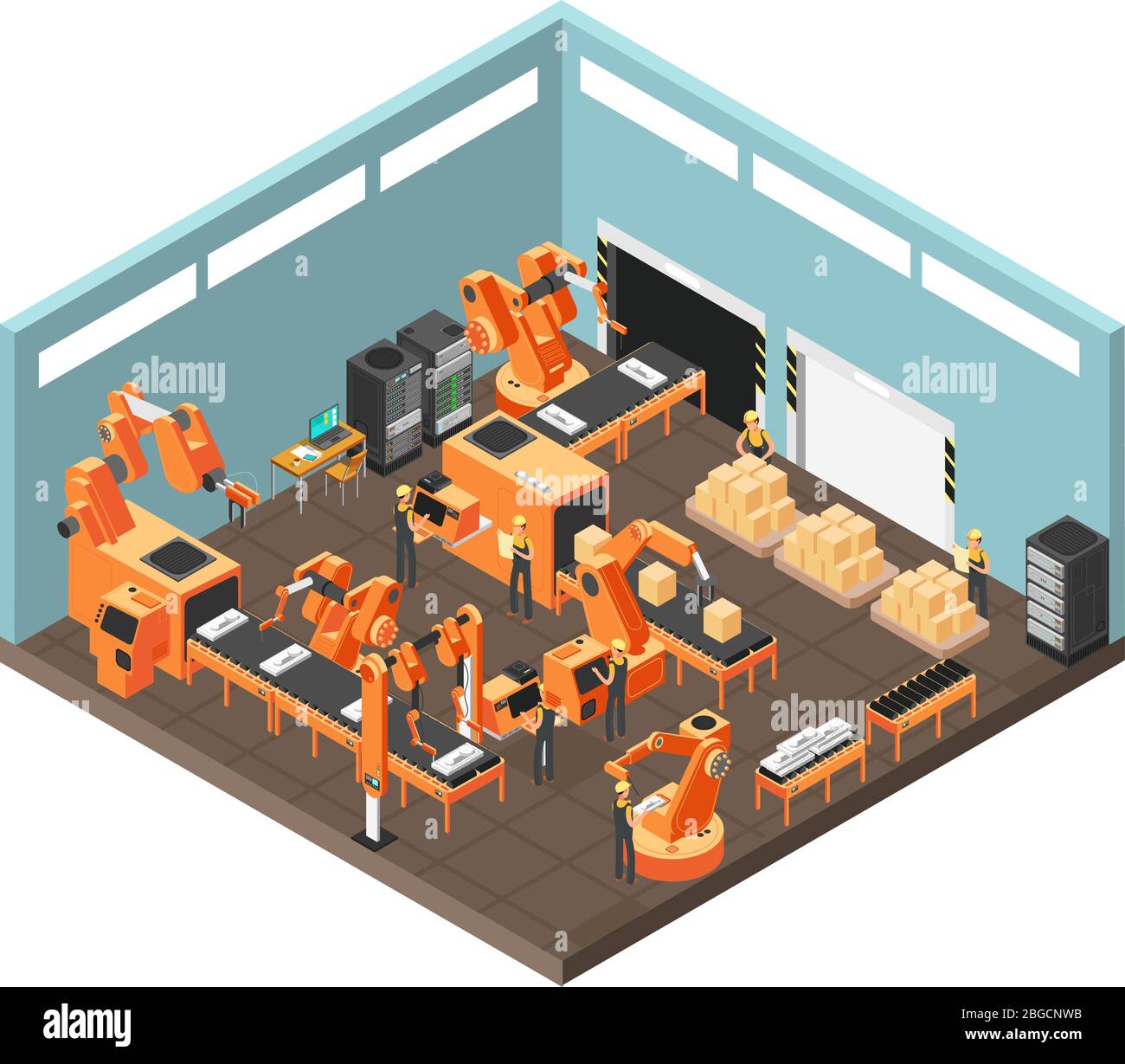 Isometric factory workshop with conveyor line, workers, electronics and controling computre servers. Vector illustration. Production factory conveyor line, industrial assembly, mechanical process Stock Vector