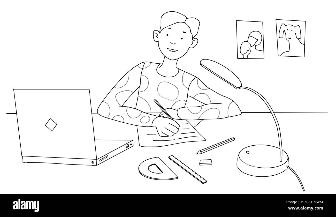 Schoolboy sits at home and studies at a desk with a laptop. School is online. Boy with a notebook and pen. Vector illustration in a line style Stock Vector