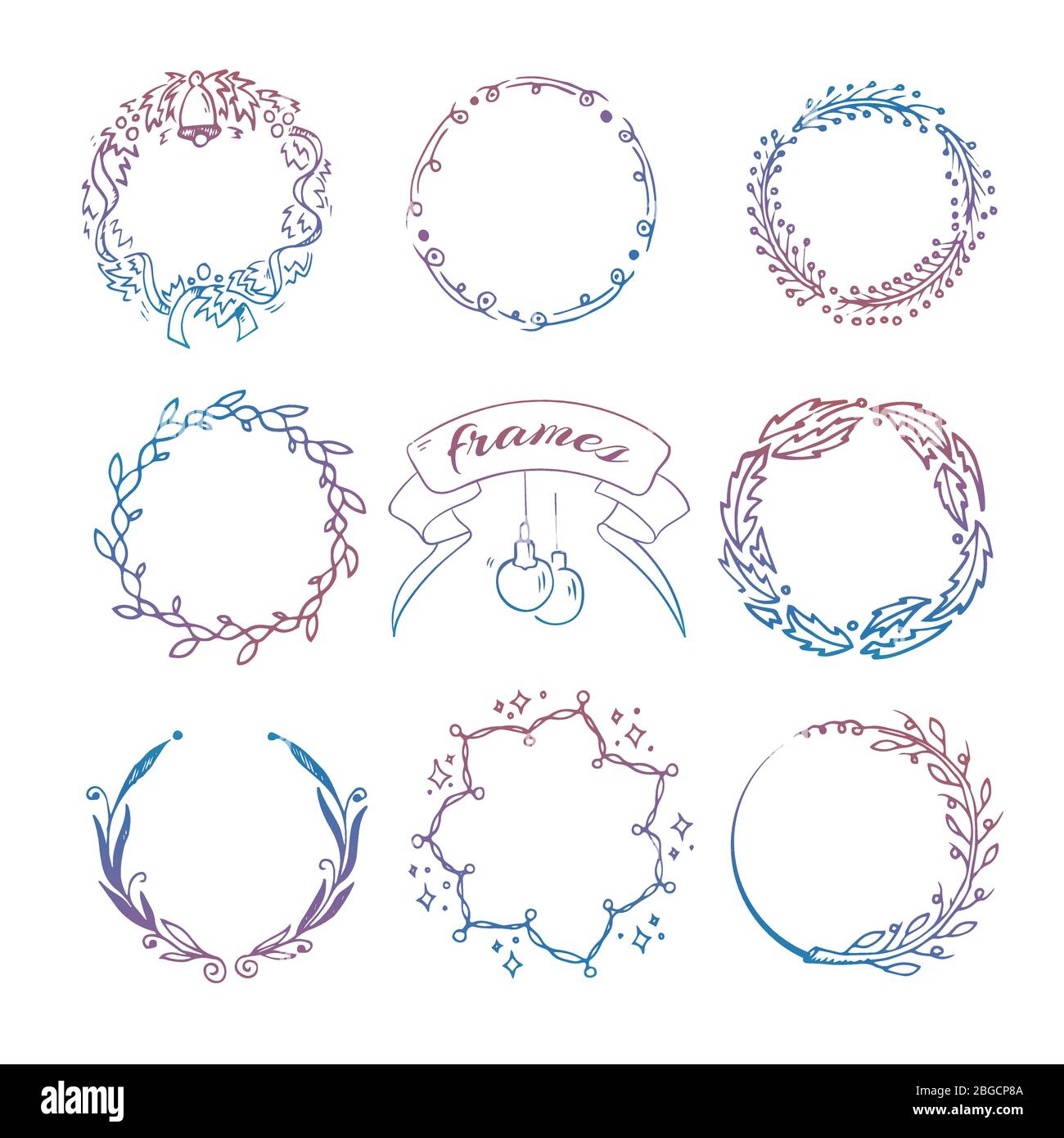 Colorful hand drawn christmas round wreath frames set. Vector illustration Stock Vector