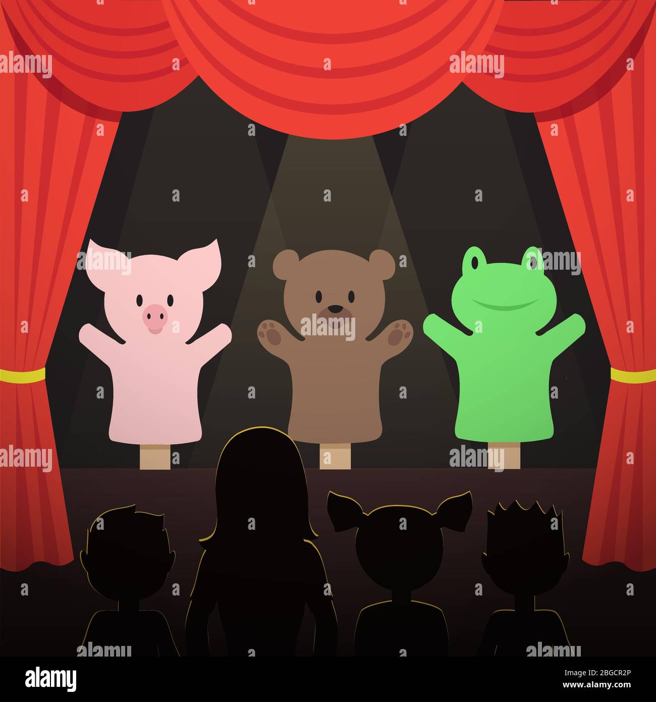 Childrens puppet theater performance with animals actors and kids audience vector illustration. Theater puppet stage for kids Stock Vector
