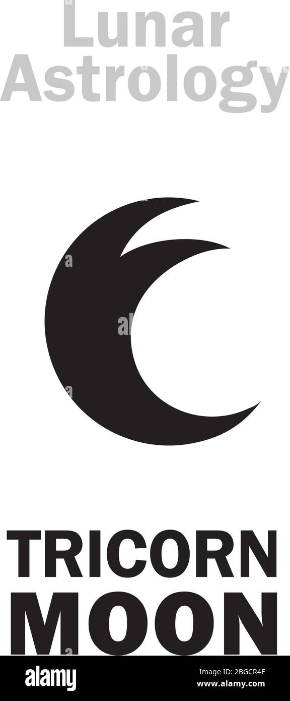 Astrology Alphabet: Three-horned MOON (Luna tricornis), Mystical symbol of Lunar Magic, Sorcery and Wizardry. Hieroglyphic character sign / symbol. Stock Vector