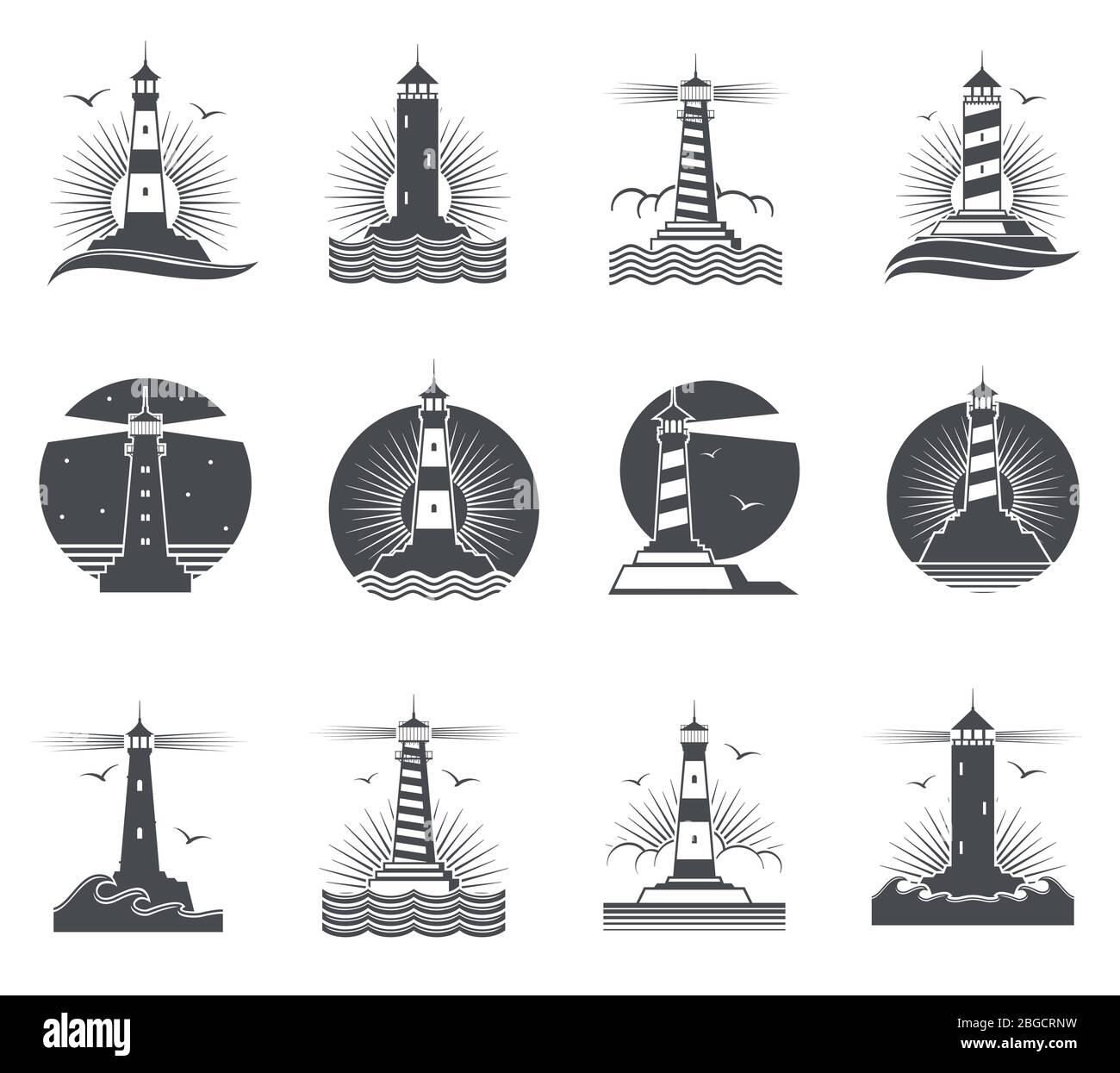 Lighthouse vector marine vintage labels. Lighthouses and ocean waves retro nautical logos set. Lighthouse and beacon building in sea illustration Stock Vector