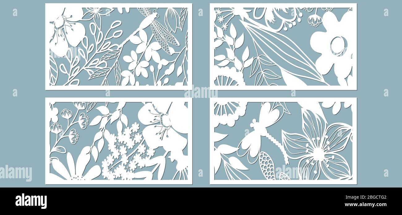 Set template for laser cutting and Plotter. Flowers, leaves for decoration. Vector illustration. Sticker set. Pattern for the laser cut, serigraphy, p Stock Vector