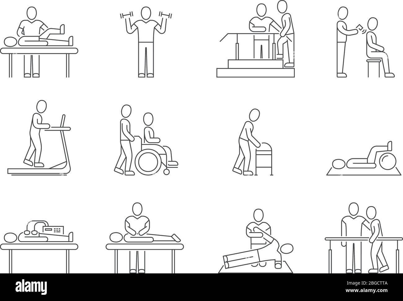 Physiotherapy and rehabilitation, exercises and massage therapy vector line medical icons. Medical patient, physical therapy exercise illustration Stock Vector