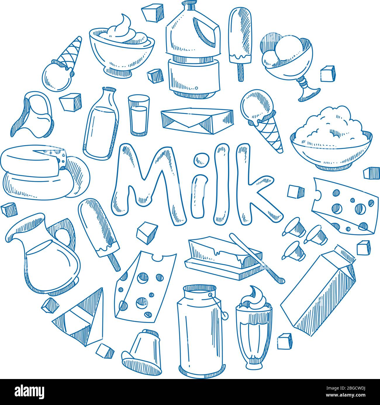 Sketch milk products, farm breakfast vector concept with doodle dairy