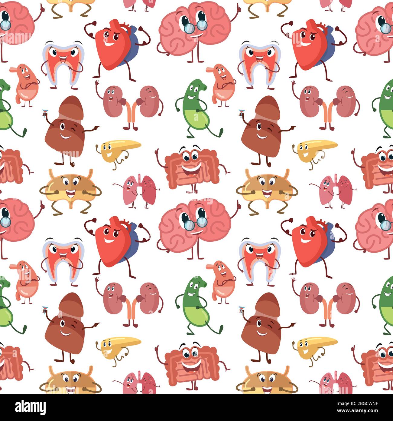 Internal human organs with funny smiles, in cartoon style. Vector seamless pattern Stock Vector