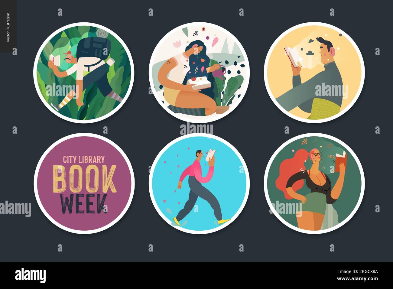 World Book Day stickers -book week events. Modern flat vector concept illustrations of people reading with enthusiasm forgetting about evrything surro Stock Vector