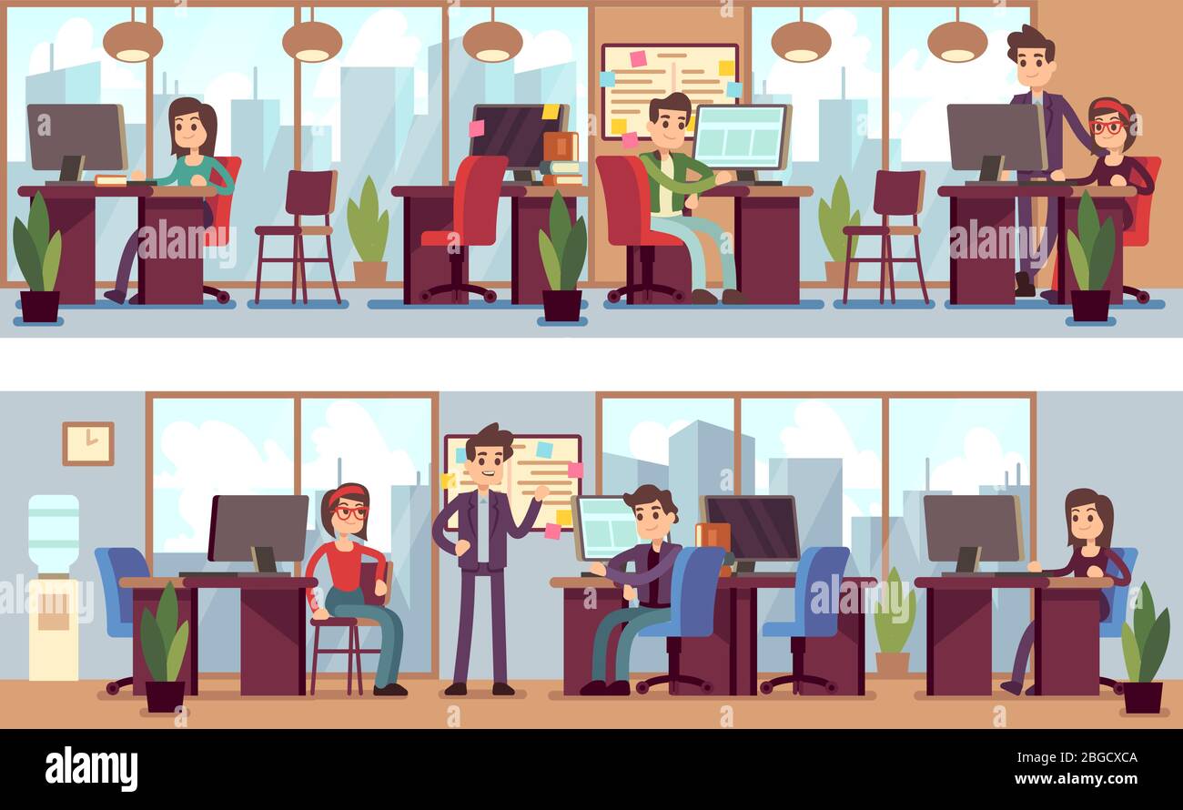 Business employees, coworkers in modern office interior vector illustration. Corporate office for business team, meeting and workplace Stock Vector