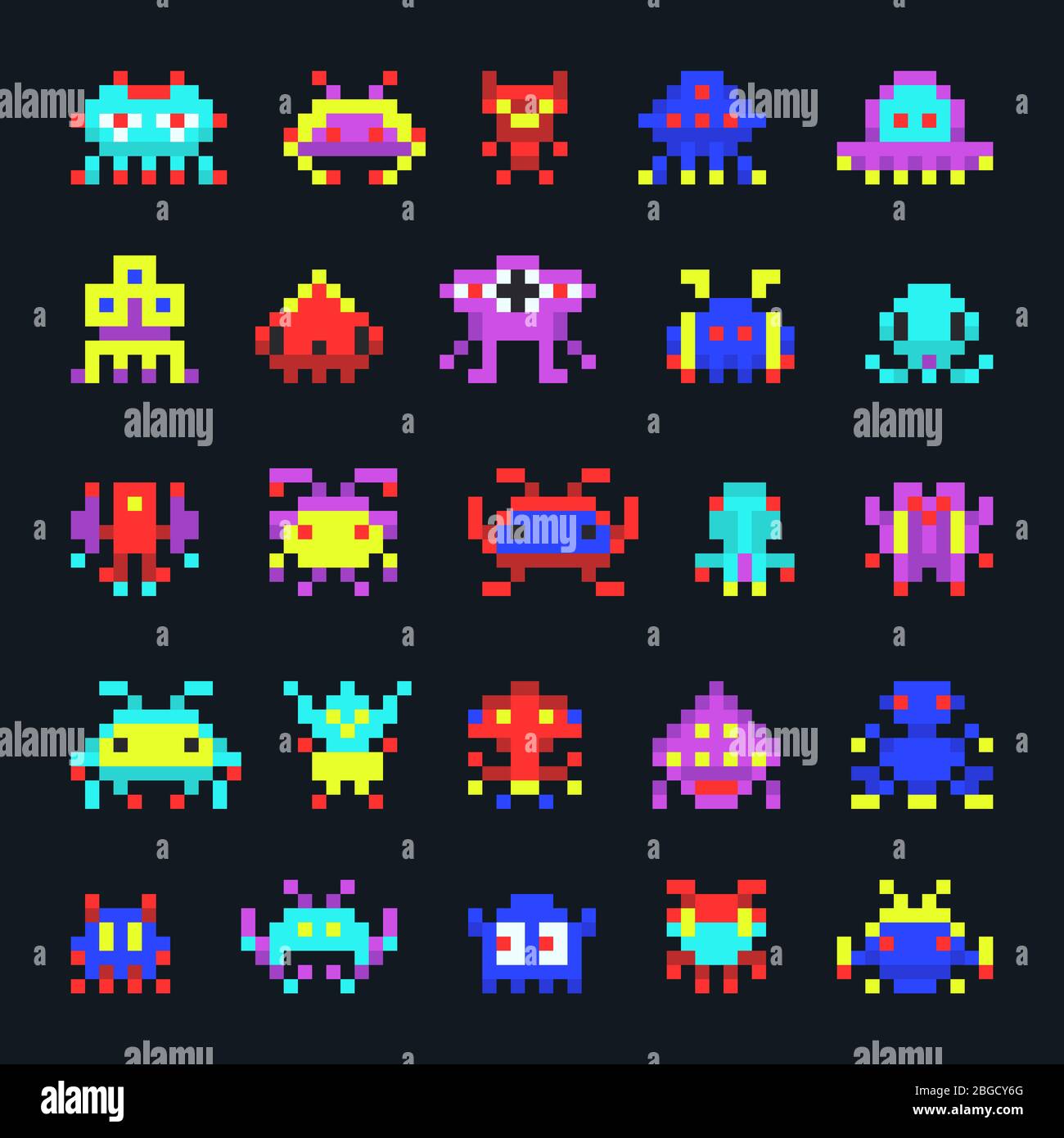 Space aliens vintage video computer arcade game pixel vector icons. Illustration of pixel monsters Stock Vector