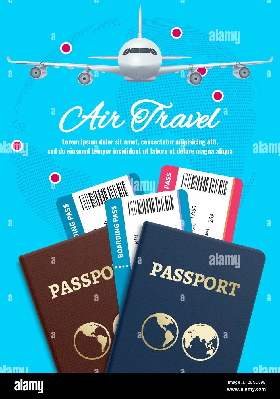 Air travel banner with earth plane passport and tickets. Airplane travel, ticket to plane and passport. Vector illustration Stock Vector
