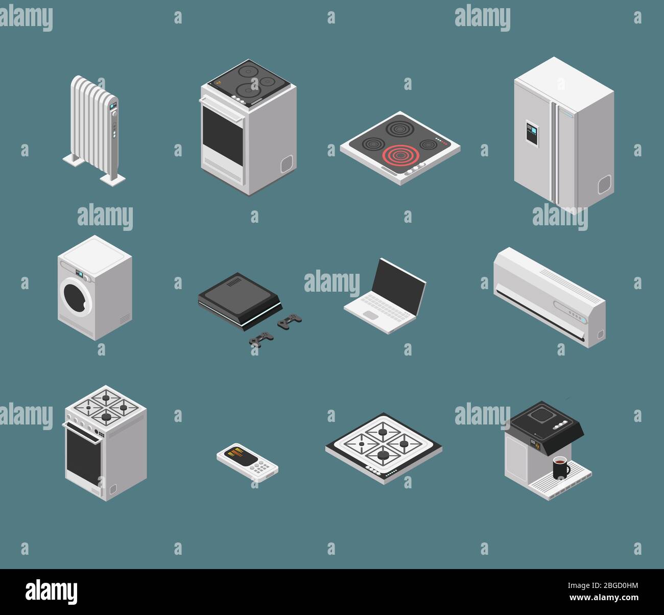 Isometric 3d household kitchen appliance and electrical equipment
