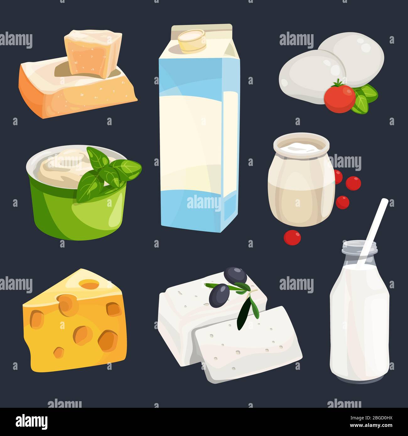 Vector illustration of different milk products. Cartoon style pictures isolate on white Stock Vector