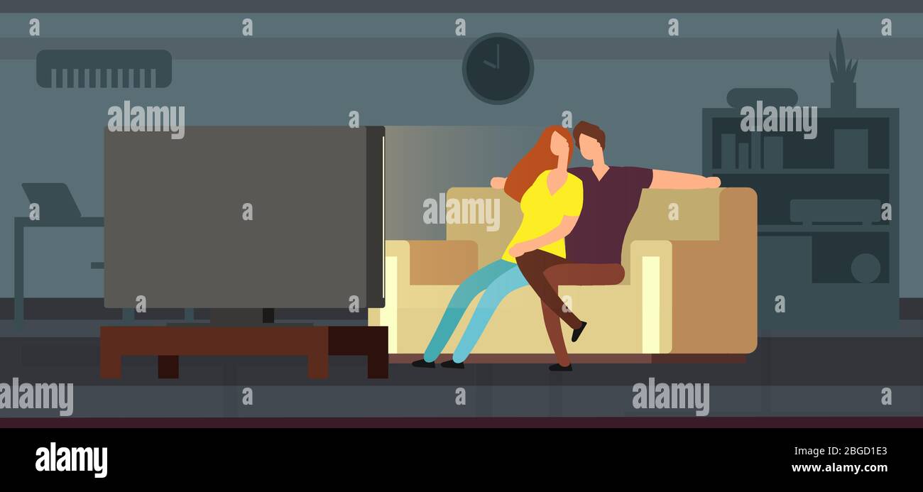 Young couple watching tv on sofa in modern living room vector illustration. Couple watch tv on sofa sitting at home Stock Vector