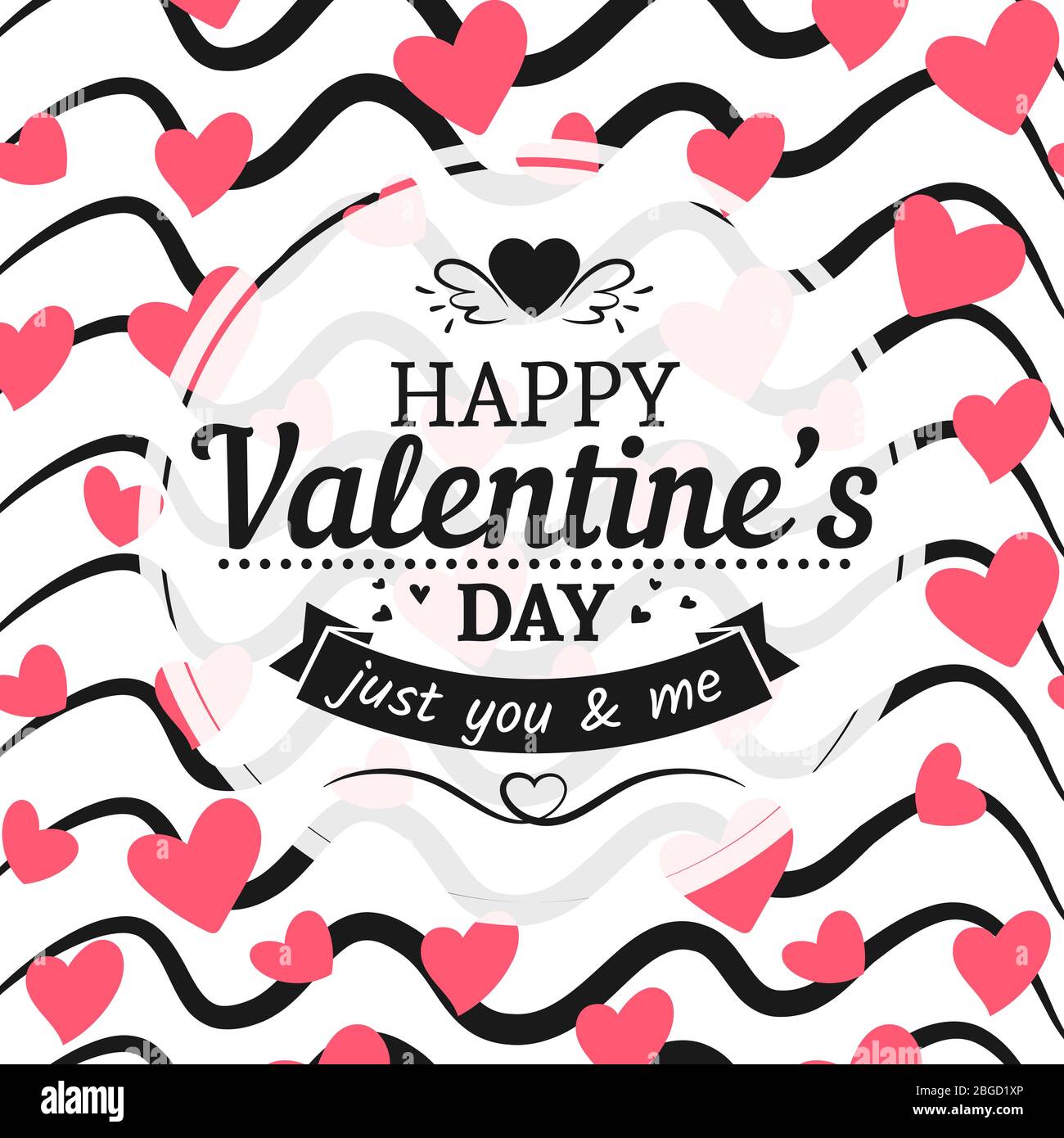 Vintage valentines day card template with typography sign hearts and hand drawn scribble background. Vector illustration Stock Vector