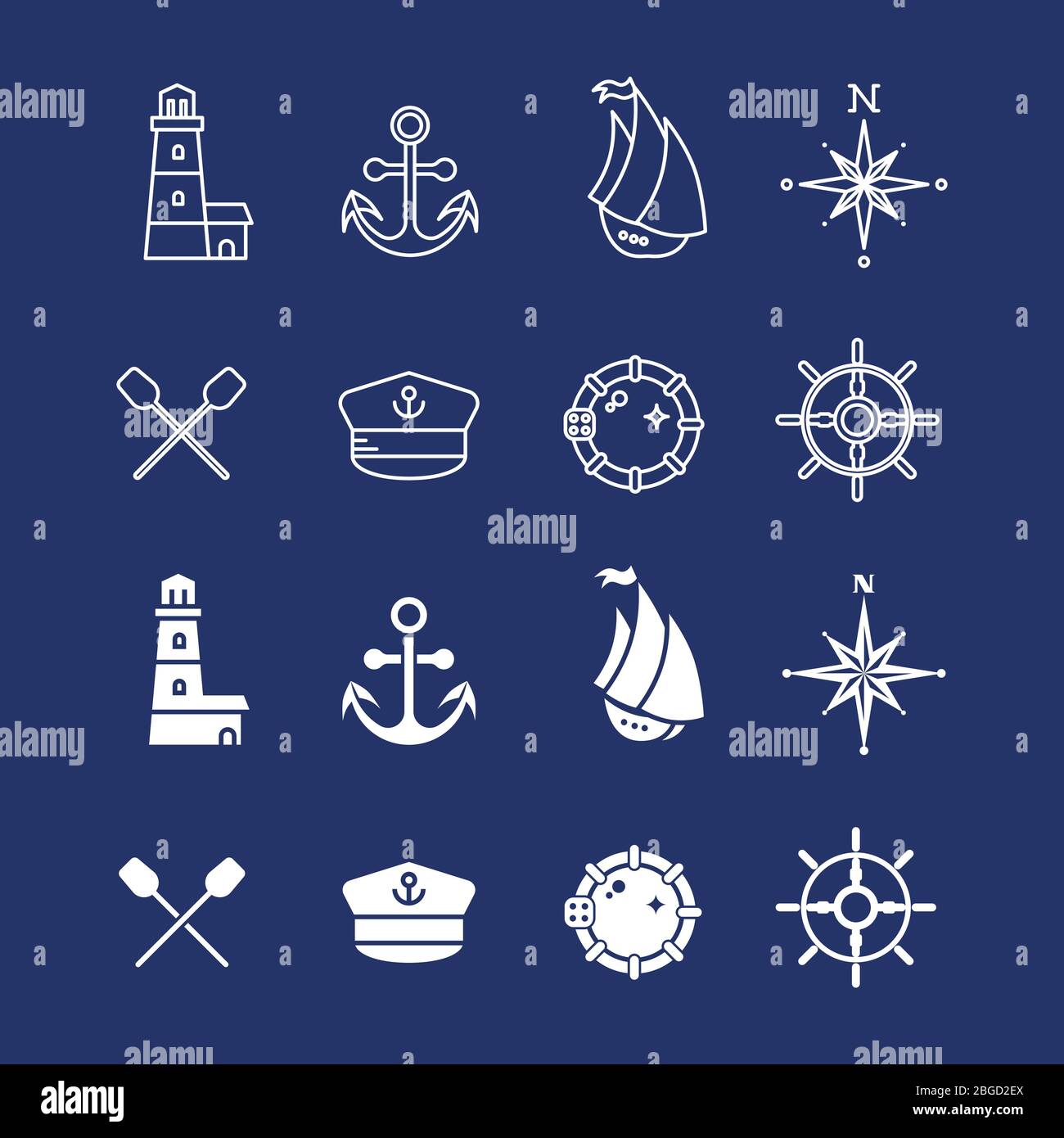 Marine sea nautical, pirate and maritime thin line and silhouette icons ...