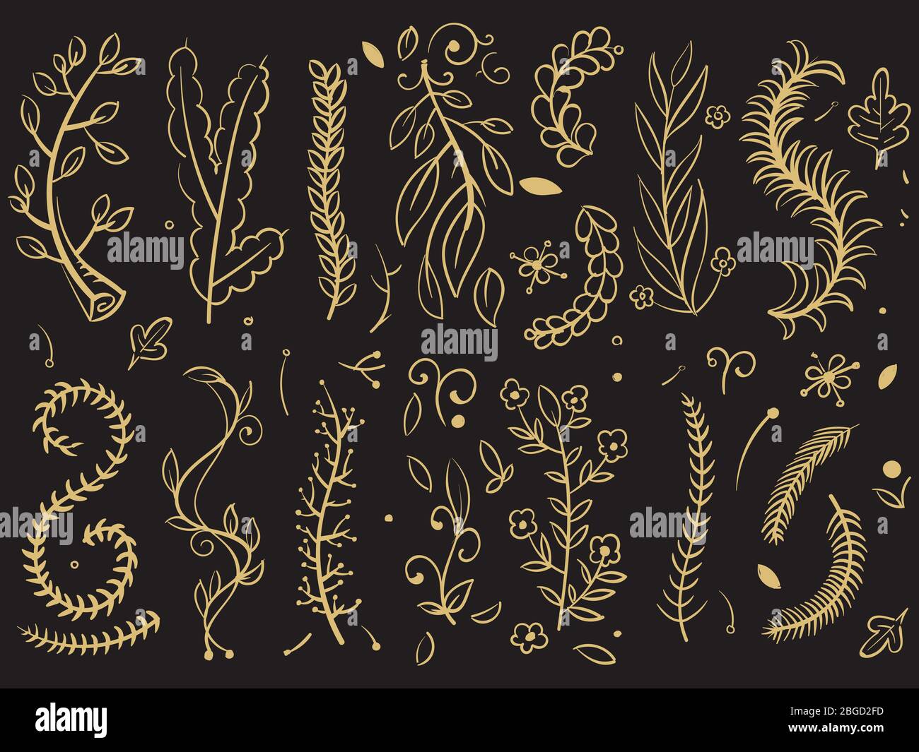 Golden trees and florals branches on black background. Tree branch of plant, floral leaf drawing. Vector illustration Stock Vector
