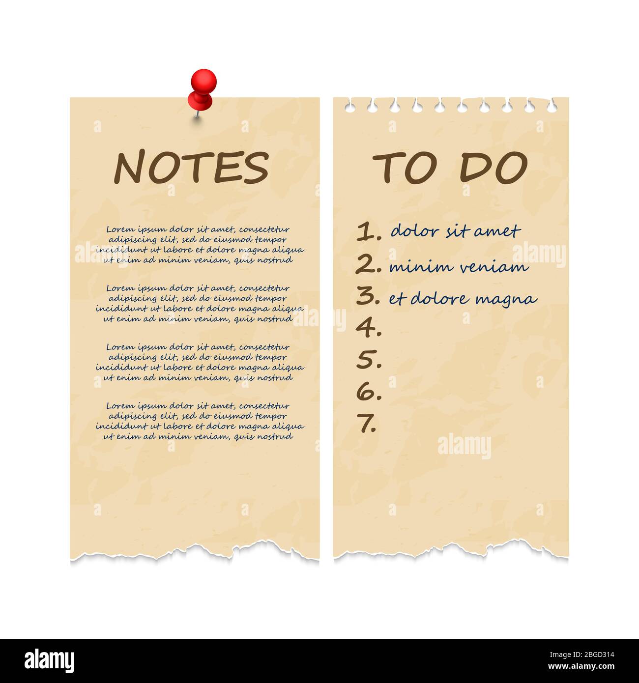 Grunge vintage ripped notebook pages for notes and to do list. Page notebook with remember grungy. Vector illustration Stock Vector