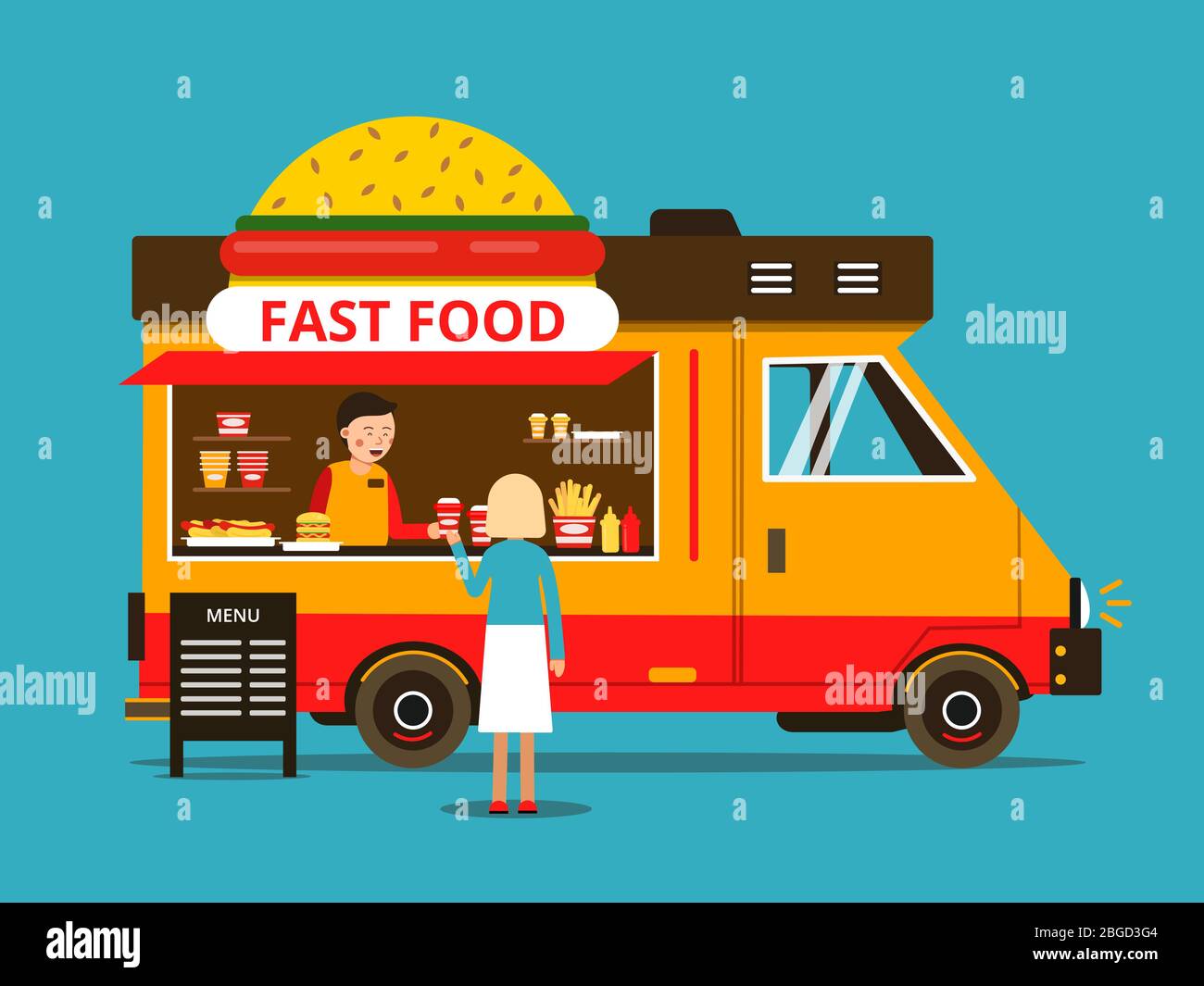 Cartoon illustration of food truck on the street. Vector pictures in flat style Stock Vector