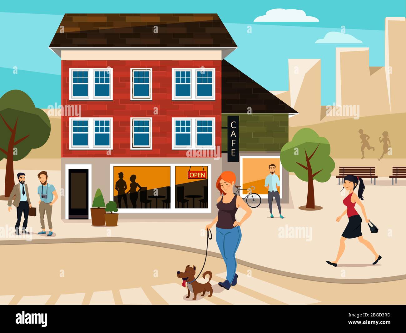 Urban illustration with walking people on the street. Road and buildings.  Vector picture Stock Vector Image & Art - Alamy