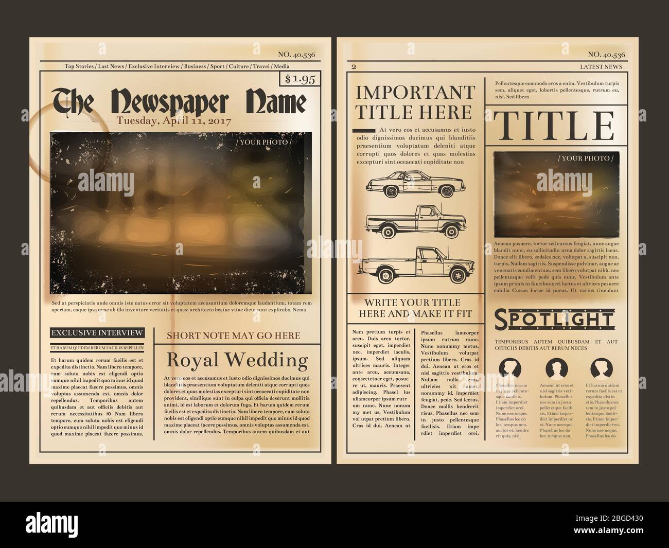 Layout design. Front page of vintage newspaper. Vector illustration with place for your text Stock Vector