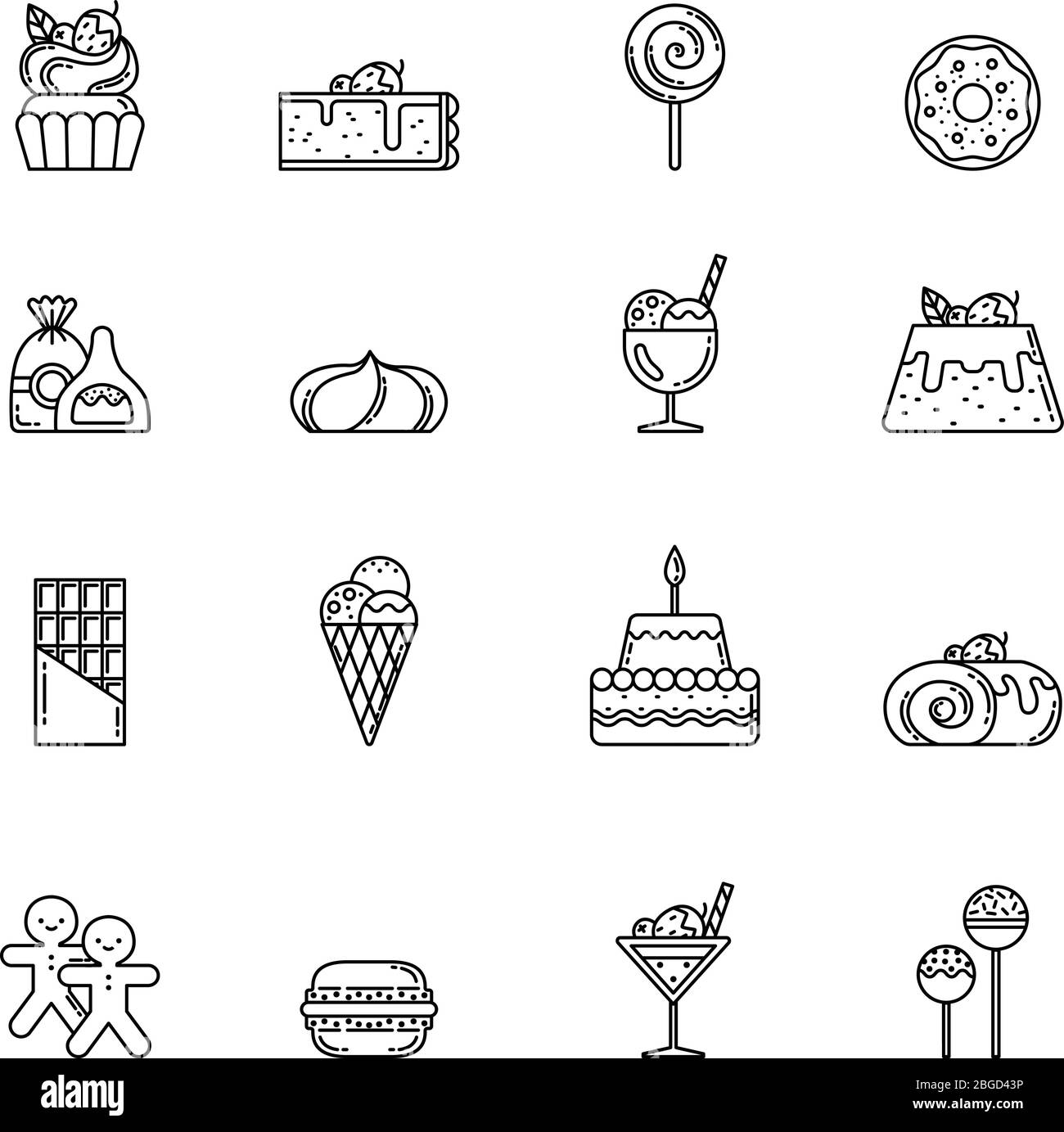 Desert vector icon set. Cupcake, sweets and other baking foods. Outline illustrations isolate on white background Stock Vector