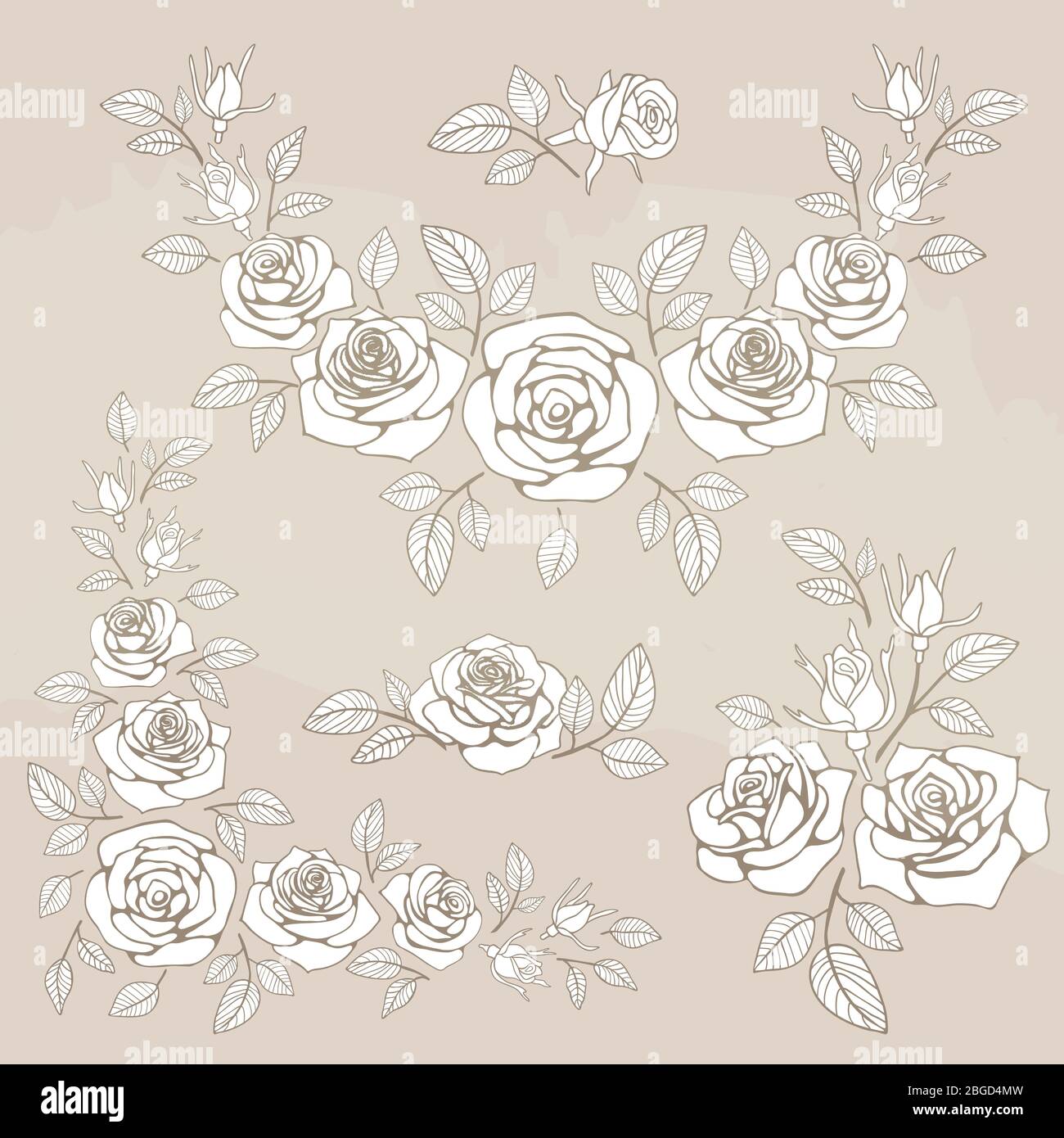 Romantic vintage bouquet with roses and leaves set. Vector illustration ...