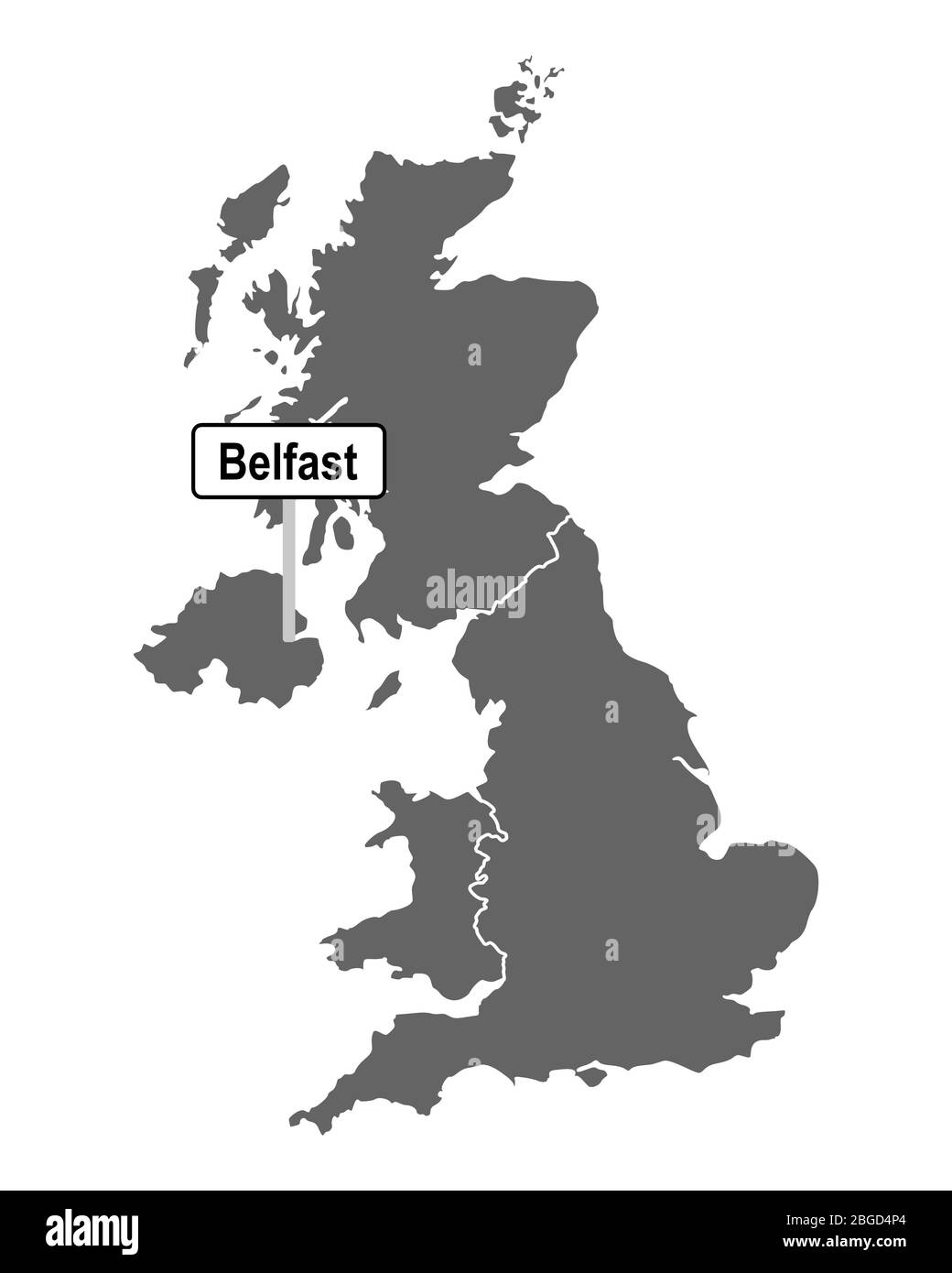 Map of Great Britain with road sign of Belfast Stock Photo