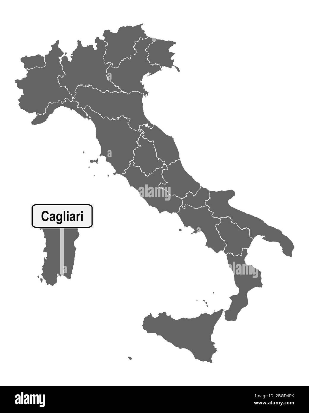 Map of Italy with road sign of Cagliari Stock Photo