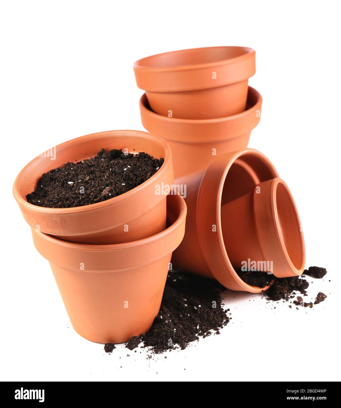 Clay flower pots and soil, isolated on white Stock Photo - Alamy