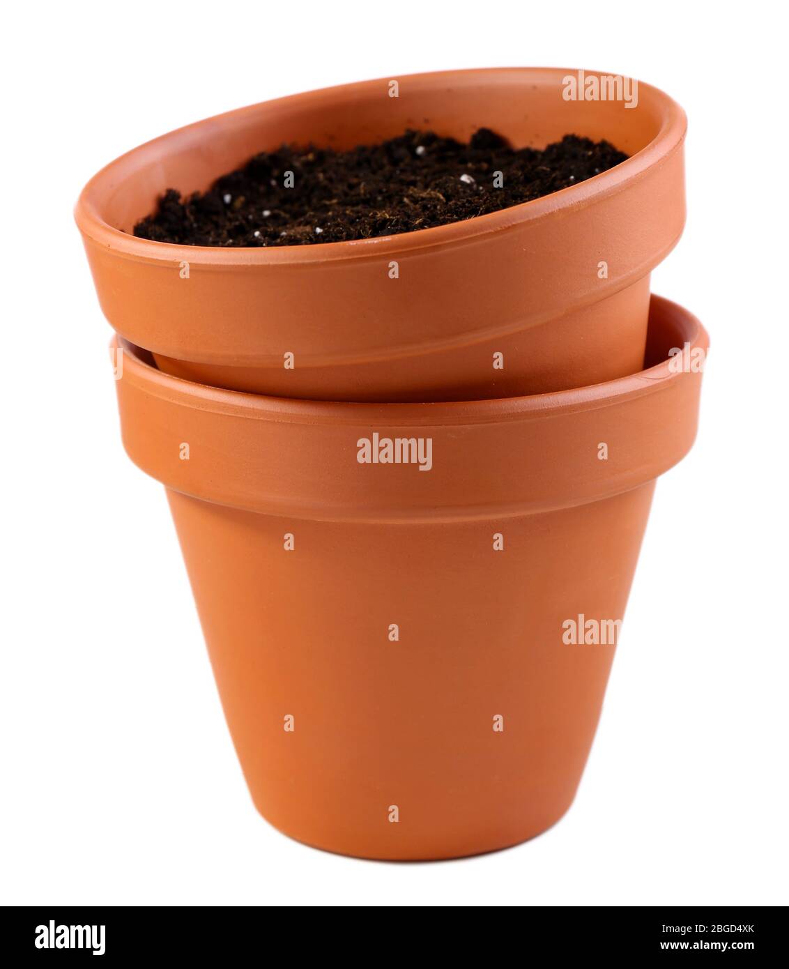 Clay flower pots with soil, isolated on white Stock Photo - Alamy