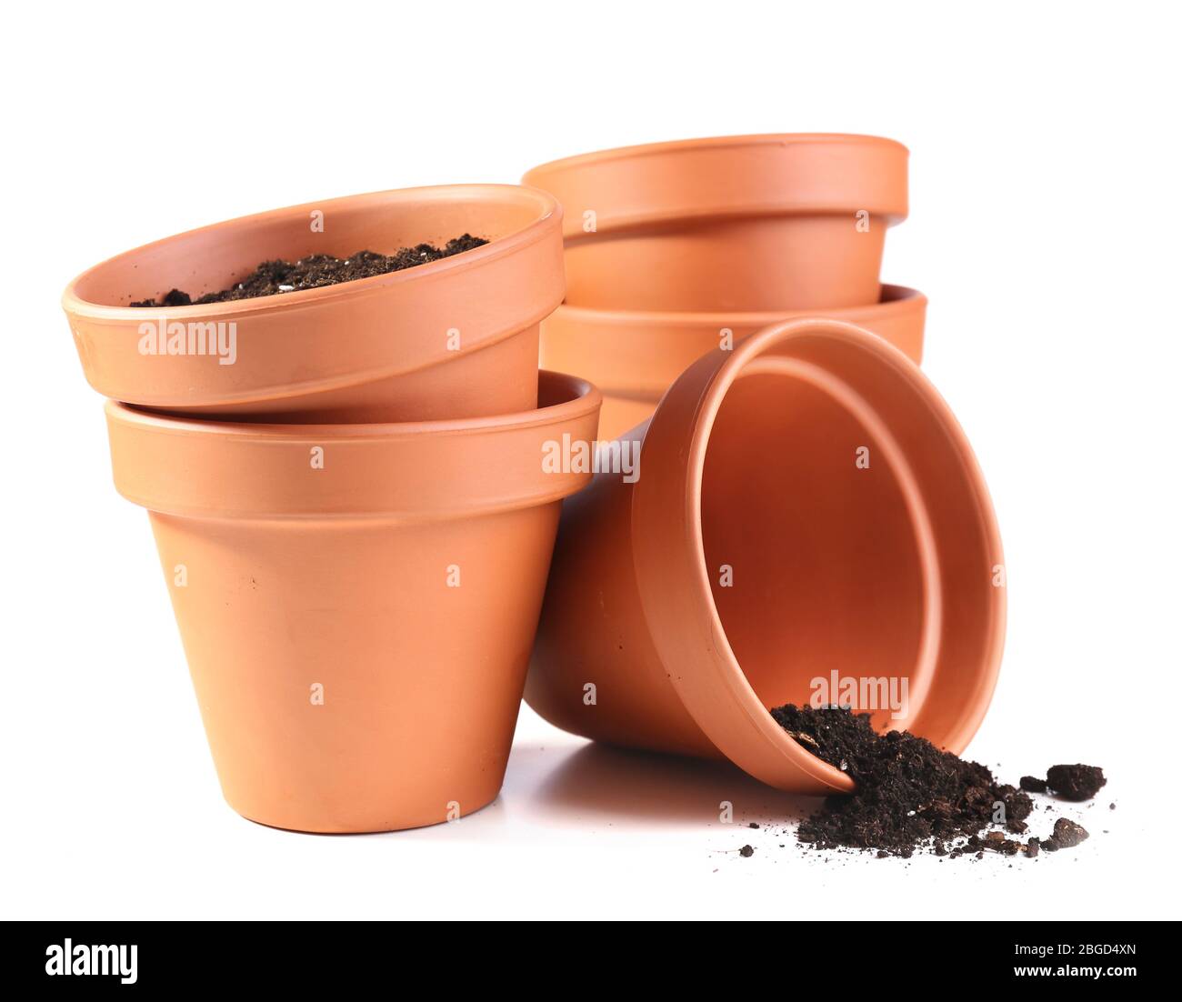 Clay flower pots and soil, isolated on white Stock Photo - Alamy