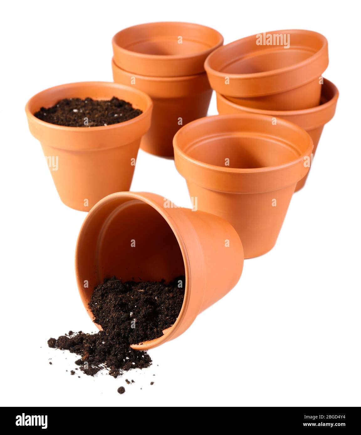 Clay flower pots and soil, isolated on white Stock Photo Alamy