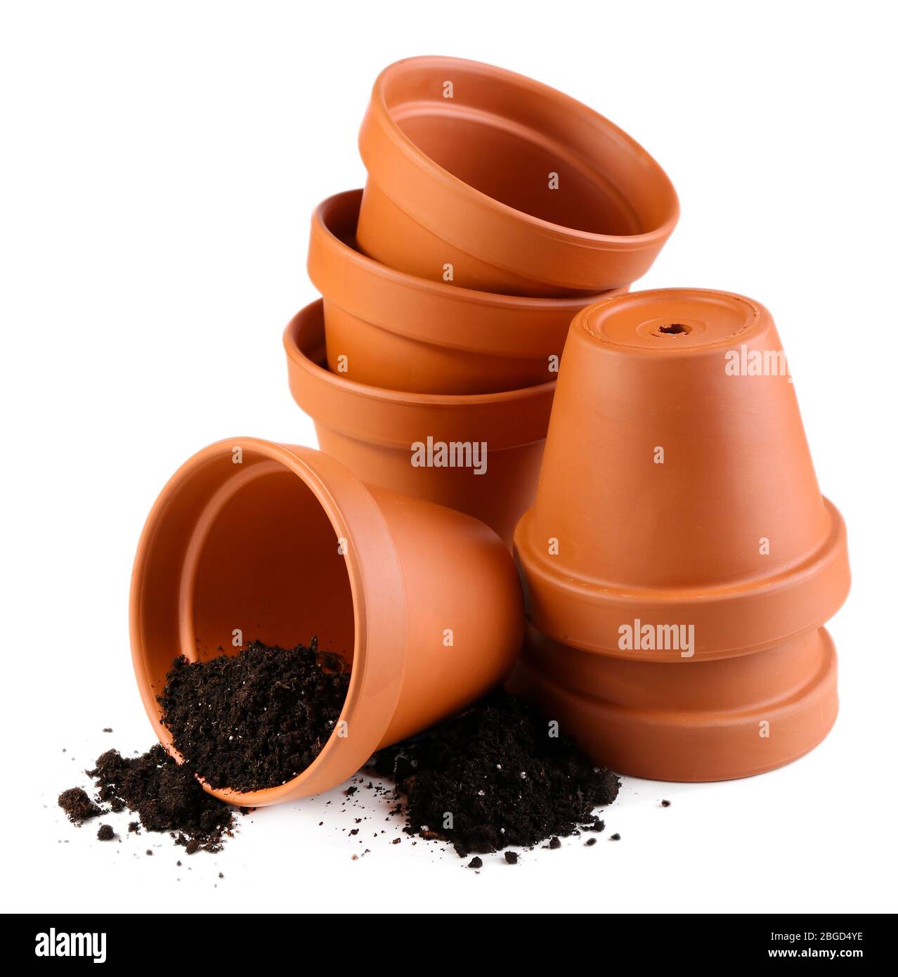 Clay flower pots and soil, isolated on white Stock Photo - Alamy