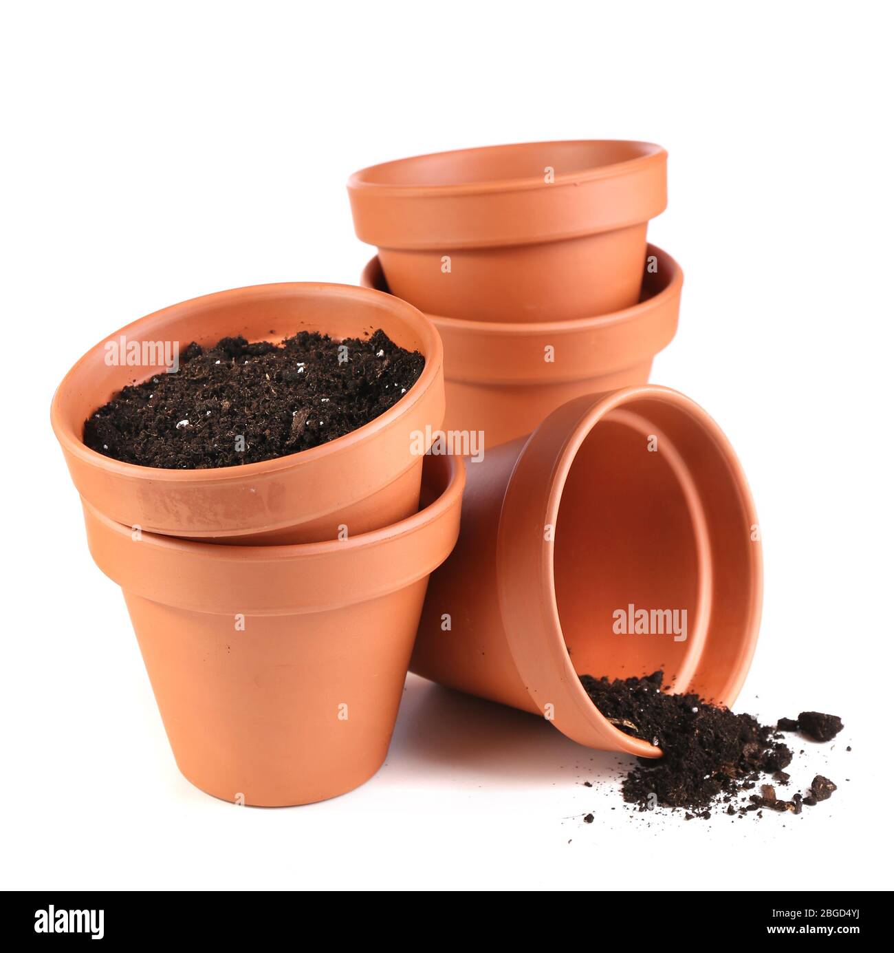Clay flower pots and soil, isolated on white Stock Photo - Alamy