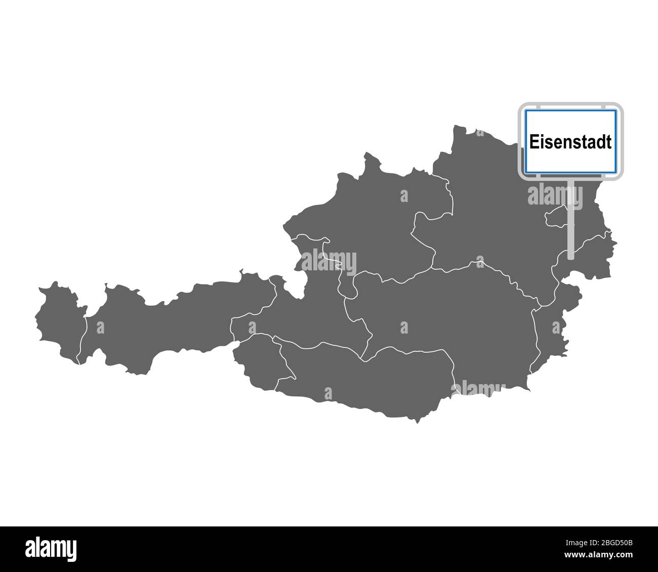 Map of Austria with road sign of Eisenstadt Stock Photo